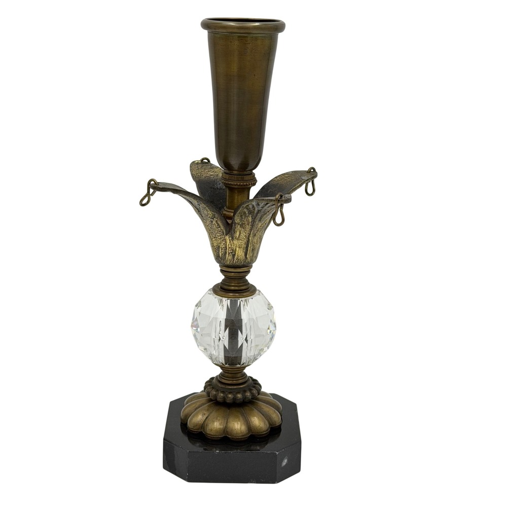 Vtg MCM Bronze Finish Taper Candle Holder Crystal Marble Hollywood Regency 10"